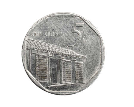 Cuba five centavos coin on a white isolated backgroundの写真素材