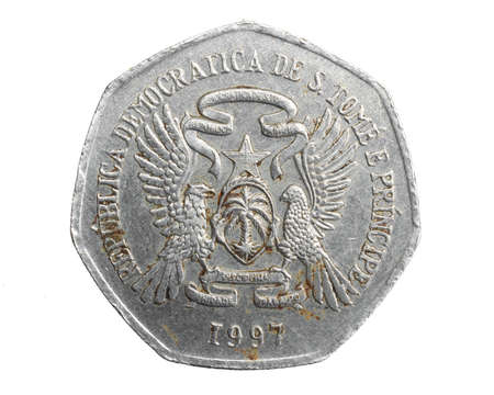 Saint Thomas island two thousand dobras coin on white isolated backgroundの写真素材