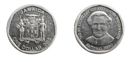 Jamaica one dollar coin on a white isolated backgroundの写真素材