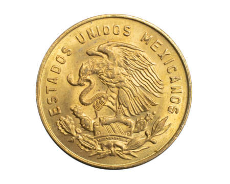 Mexico five centavos coin on a white isolated backgroundの写真素材