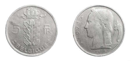 Belgium five francs coin on white isolated backgroundの写真素材