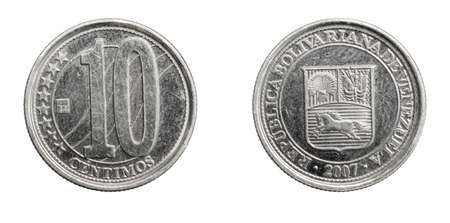 Venezuela ten centimos coin on a white isolated backgroundの写真素材