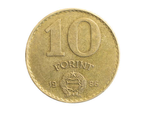 Hungary ten forints coin on white isolated backgroundの写真素材