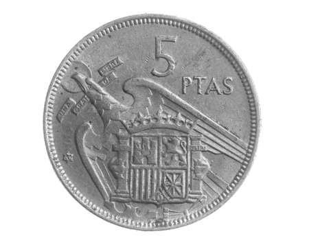 Spain five ptas coin on white isolated backgroundの写真素材