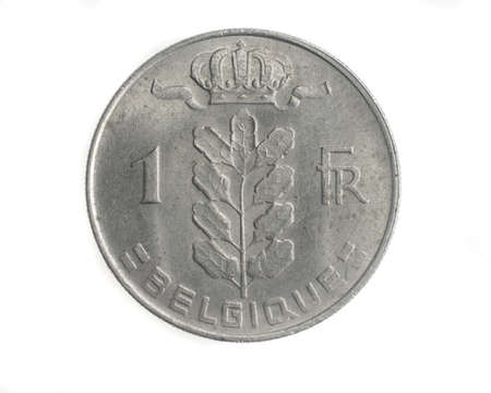 Belgium one franc coin on white isolated backgroundの写真素材