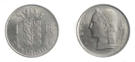 Belgium one franc coin on white isolated backgroundの写真素材