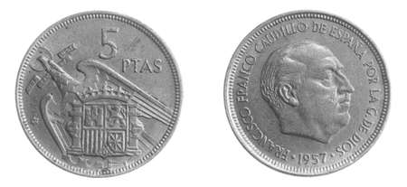 Spain five ptas coin on white isolated backgroundの写真素材