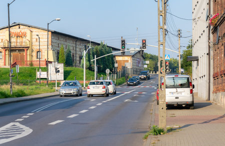 Piekary Slaskie, Poland - 02.10.2021 - intersection with excellent traffic lights in Piekary Slaskieのeditorial素材