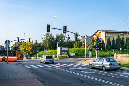 Piekary Slaskie, Poland - 02.10.2021 - intersection with excellent traffic lights in Piekary Slaskieのeditorial素材