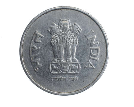 India one rupee coin on a white isolated backgroundの写真素材