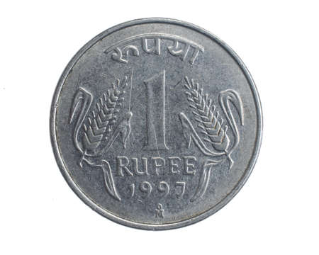 India one rupee coin on a white isolated backgroundの写真素材
