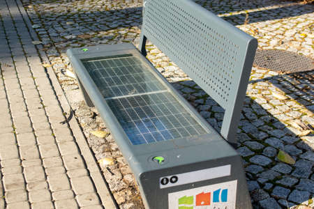 Knurow, Poland -08.10.2021-bench with photovoltaic panels in Knurowのeditorial素材