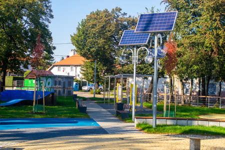 Knurow, Poland -08.10.2021 photovoltaic panels powering the lighting of street lamps in Knurowのeditorial素材