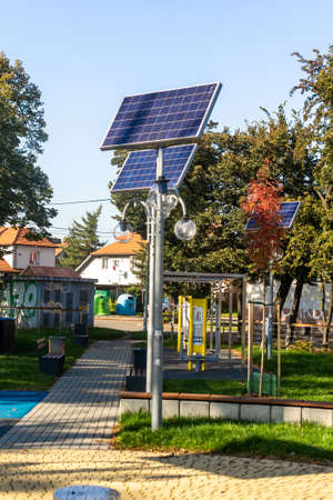 Knurow, Poland -08.10.2021 photovoltaic panels powering the lighting of street lamps in Knurowのeditorial素材