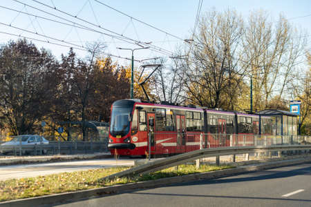 Sosnowiec, Poland -28.10.2021- running red tram in Sosnowiecのeditorial素材