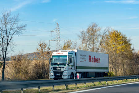 Czeladz, Poland -28.10.2021- driving truck of the Raben transport company in Czeladzのeditorial素材