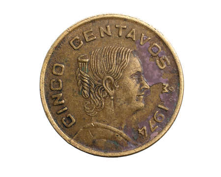 Mexico five centavos coin on a white isolated backgroundの写真素材