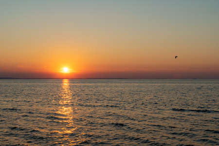 the setting sun against the backdrop of a calm seaの写真素材