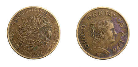 Mexico five centavos coin on a white isolated backgroundの写真素材