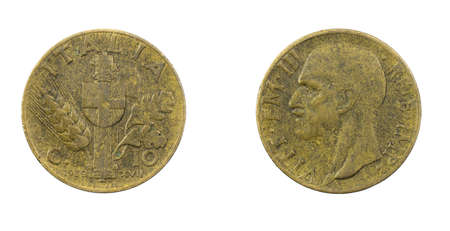 Italy ten centesimi coin on a white isolated backgroundの写真素材