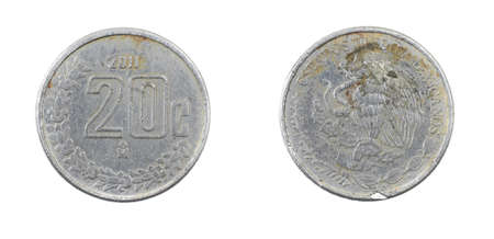 Mexico twenty centavos coin on a white isolated backgroundの写真素材
