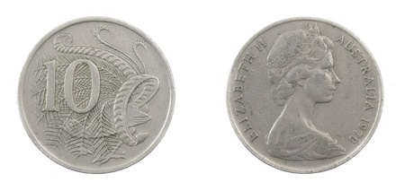 Australia ten cents coin on white isolated backgroundの写真素材