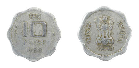 India ten paise coin on white isolated backgroundの写真素材