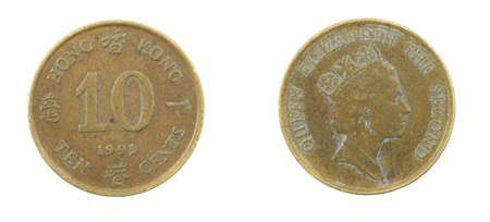 Hong Kong ten cents coin on white isolated backgroundの写真素材