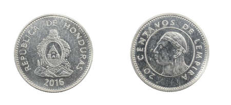 Honduras twenty centavos coin on white isolated backgroundの写真素材