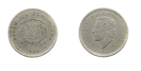 Dominican Republic ten centavos coin on white isolated backgroundの写真素材
