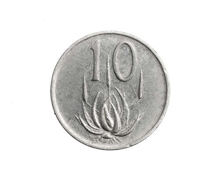 South Africa ten cents coin on a white isolated backgroundの写真素材
