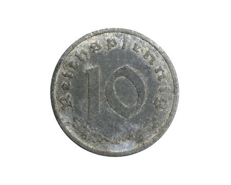 Germany ten pfennig coin on a white isolated backgroundの写真素材