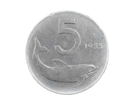 Italy five lire coin on a white isolated backgroundの写真素材