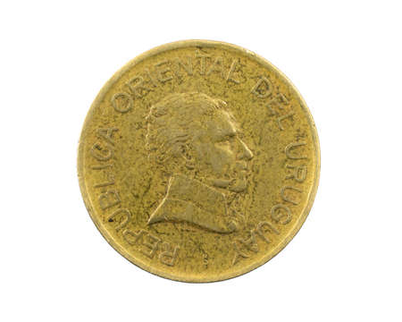 Uruguay two pesos coin on a white isolated backgroundの写真素材