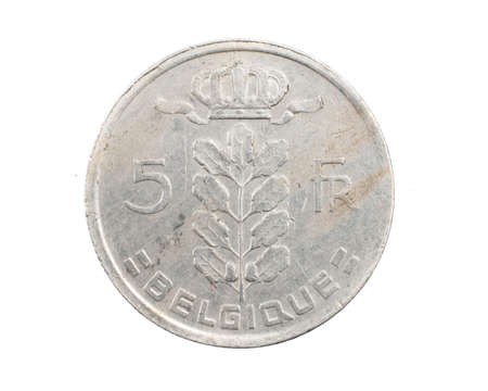 Belgium five francs coin on white isolated backgroundの写真素材