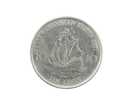 Caribbean ten cents coin on white isolated backgroundの写真素材