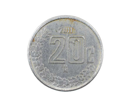 Mexico twenty centavos coin on a white isolated backgroundの写真素材