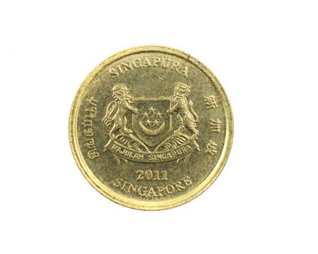 Singapore five cents coin on a white isolated backgroundの写真素材