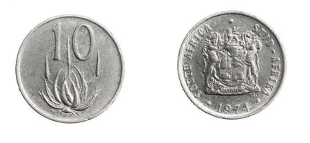 South Africa ten cents coin on a white isolated backgroundの写真素材