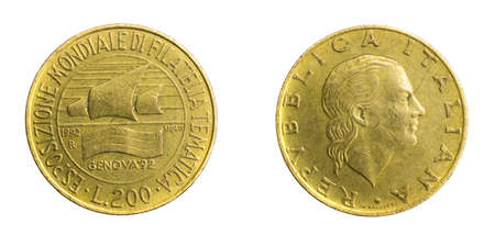 Italy two hundred lira coin on white isolated backgroundの写真素材