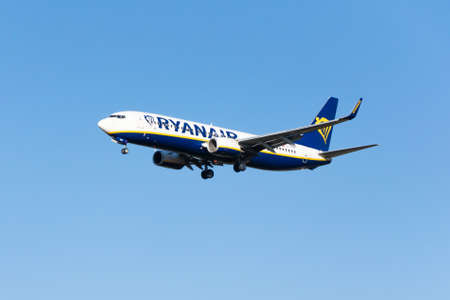 Pyrzowice, Poland -13.10.2021 - landing Ryanair plane at the airport in Pyrzowiceのeditorial素材