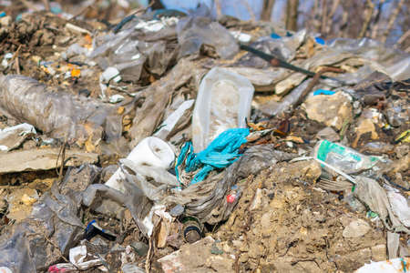 wild garbage dump. residual glass, plastics in the forest