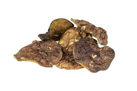 dried mushrooms on a white isolated backgroundの写真素材
