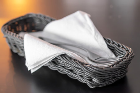 cutlery on a white napkin in a black basketの写真素材