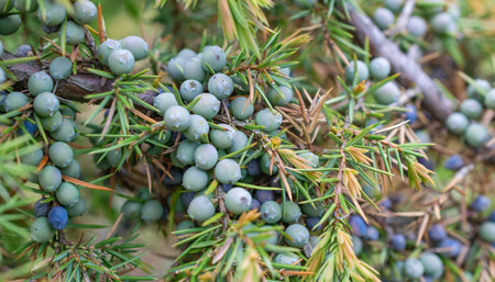 green juniper branches with visible details. background or textureの写真素材