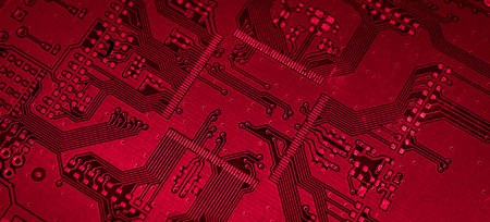 red printed circuit board with gold platingの写真素材