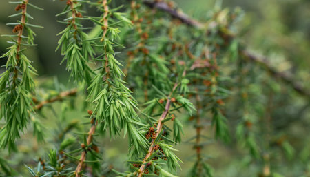 green juniper branches with visible details. background or textureの写真素材