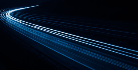 blue car lights at night. long exposure.の写真素材