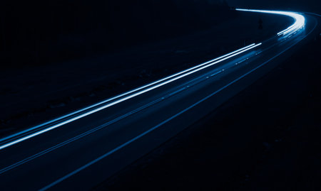 blue car lights at night. long exposure.の写真素材