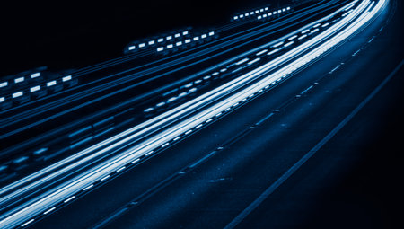 blue car lights at night. long exposure.の写真素材